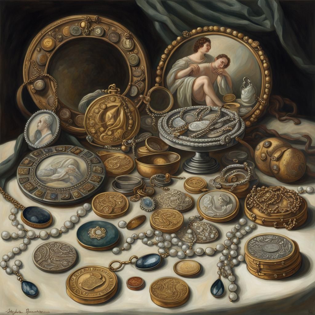 A still life painting of a collection of antique coins and jewelry, showcasing their intricate designs and historical si...