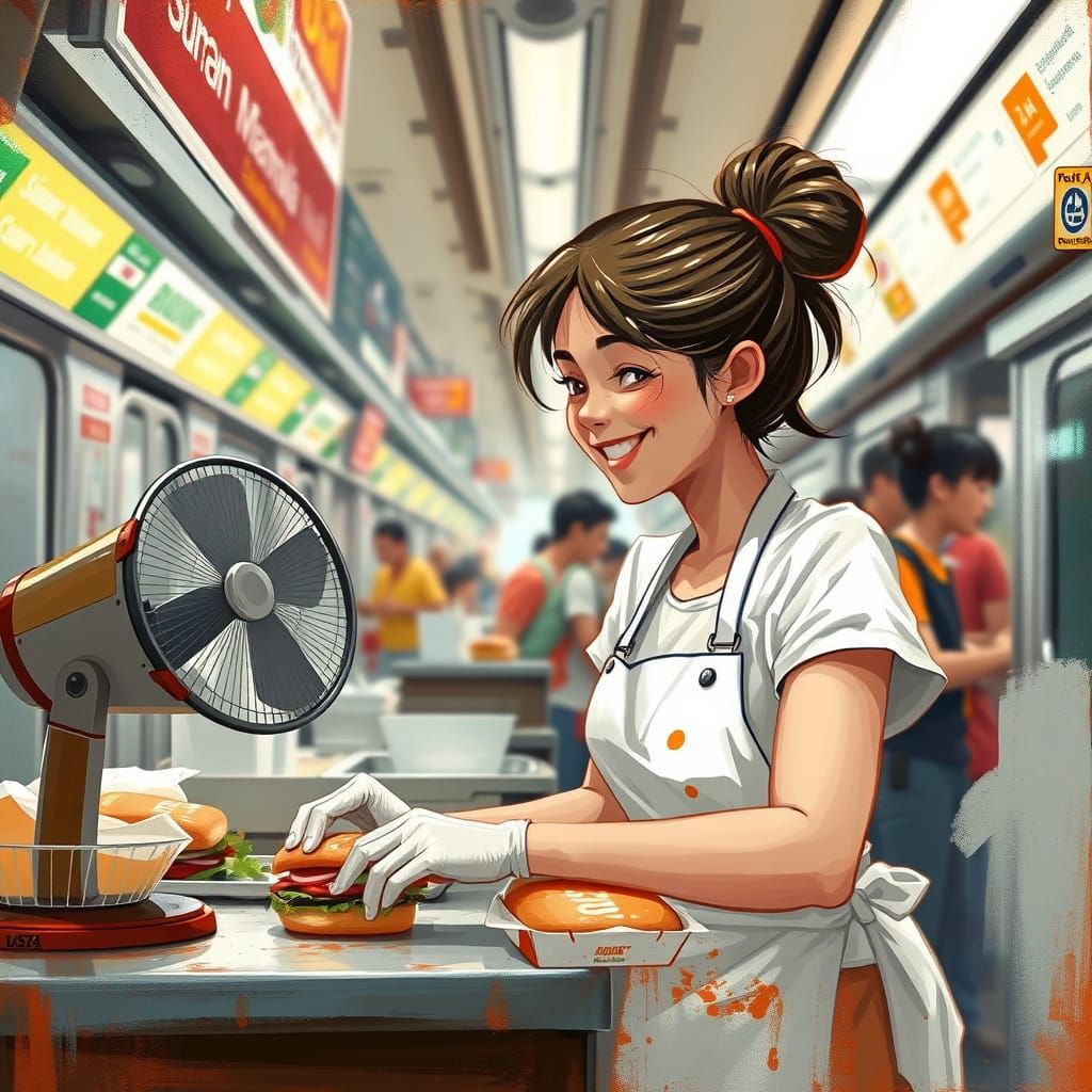 Young Woman Assembles Subway Sandwiches in Bustling Subway S...