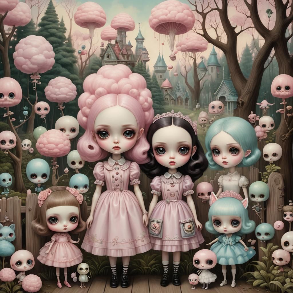 Cartoon Girls in Cotton Candy Landscape, Digital Painting