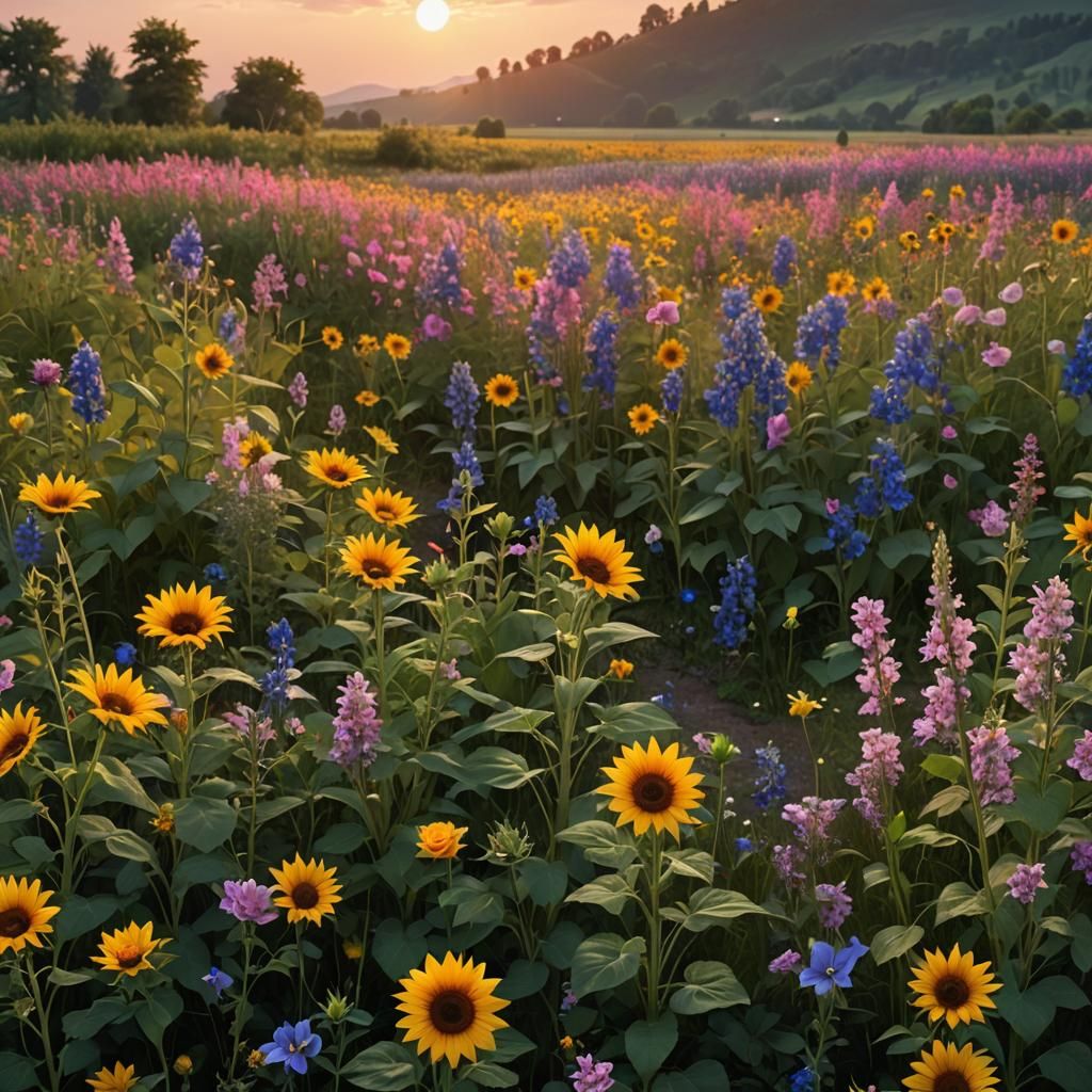 Sunset Meadow of Sunflowers, Roses, and Irises