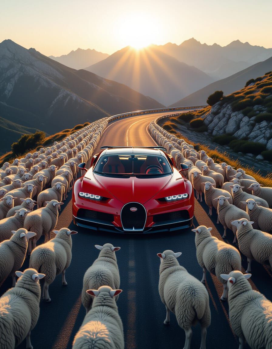 Poisonous Red Bugatti Blocked by Sheep on Mountain Road