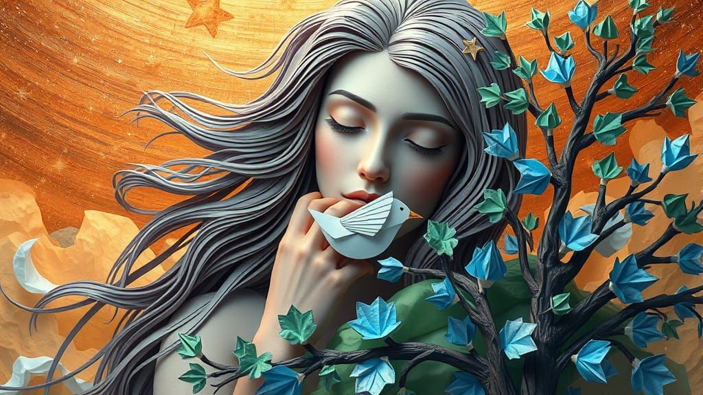 Woman with Star Hair Embraces Bird in Plasma Portals