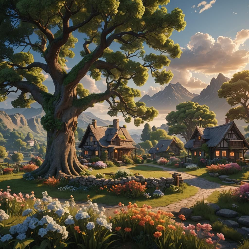 Riverside Village: 3D Game Cinematic Sunset