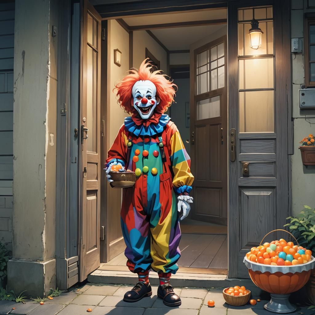 Anime Clown at Doorway with Candy