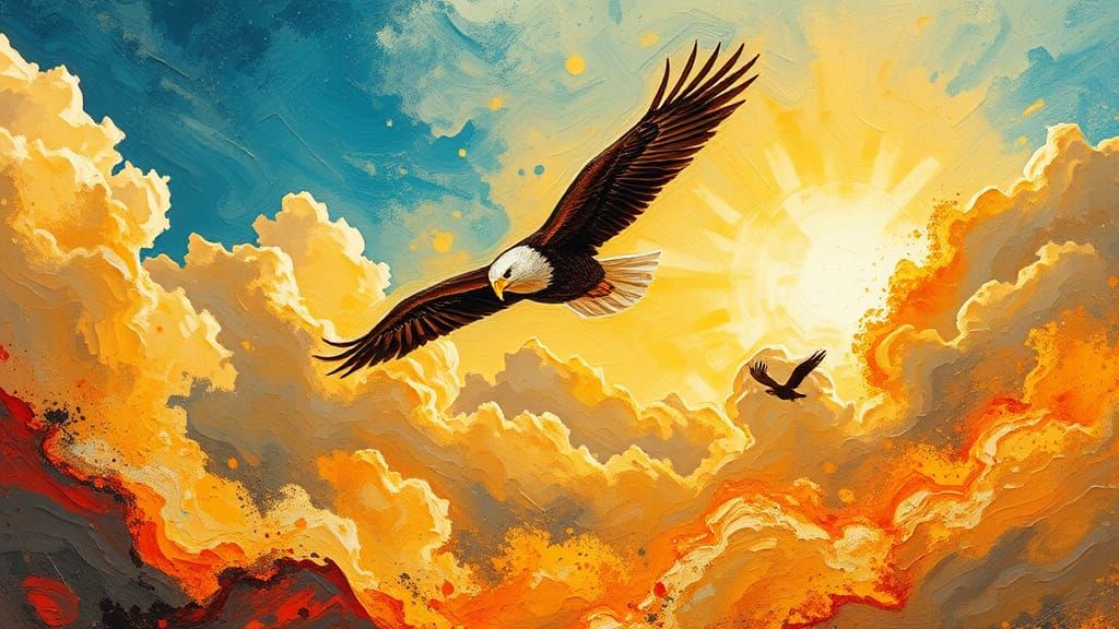 Eagle Soaring in Impressionist Landscape with Golden Light