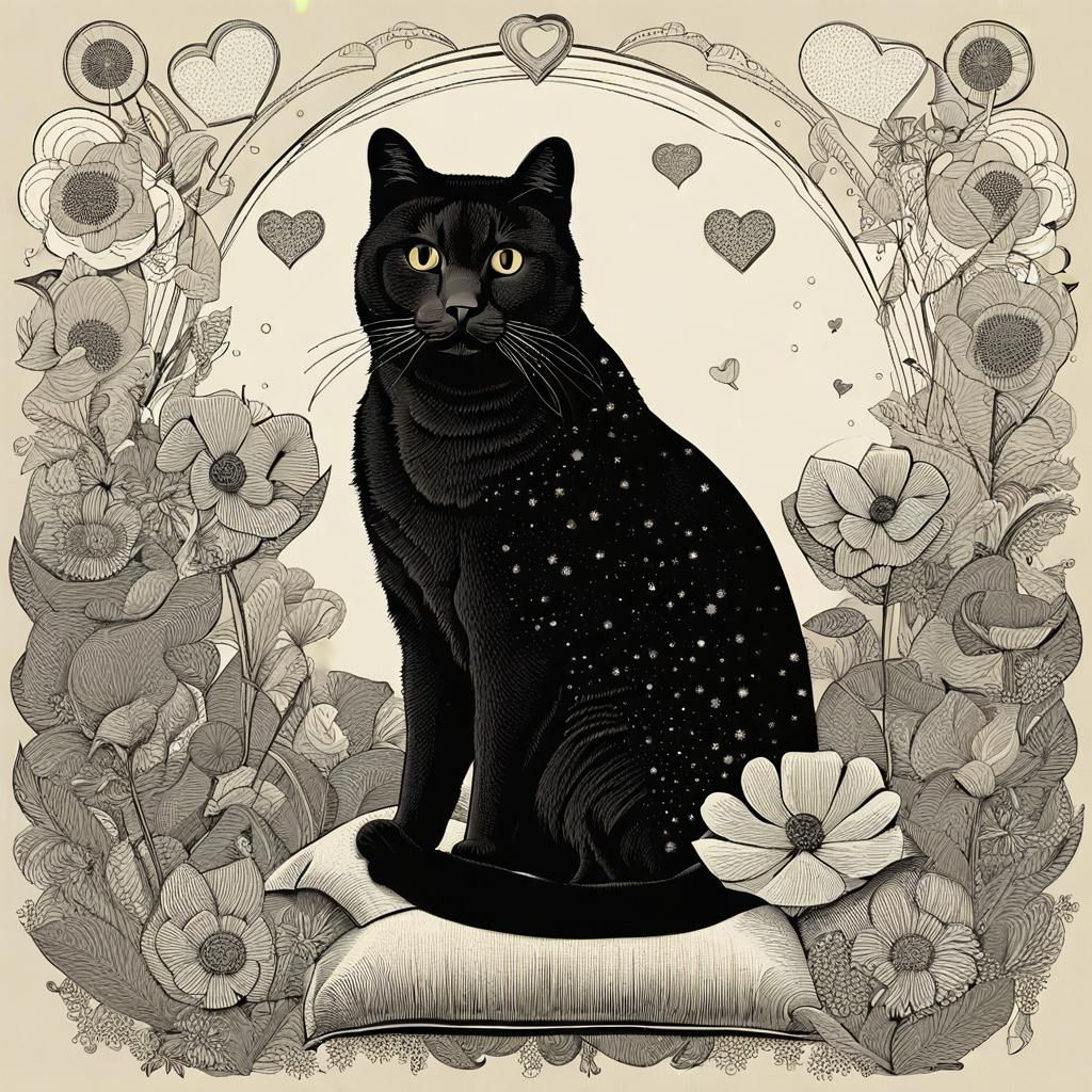 Cat with Flowers in Beardsley Style