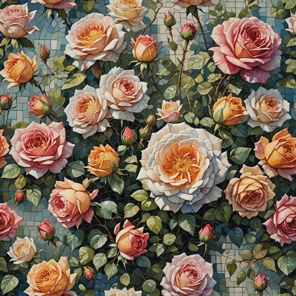 Mosaic Watercolor Roses in Oil Painting Style