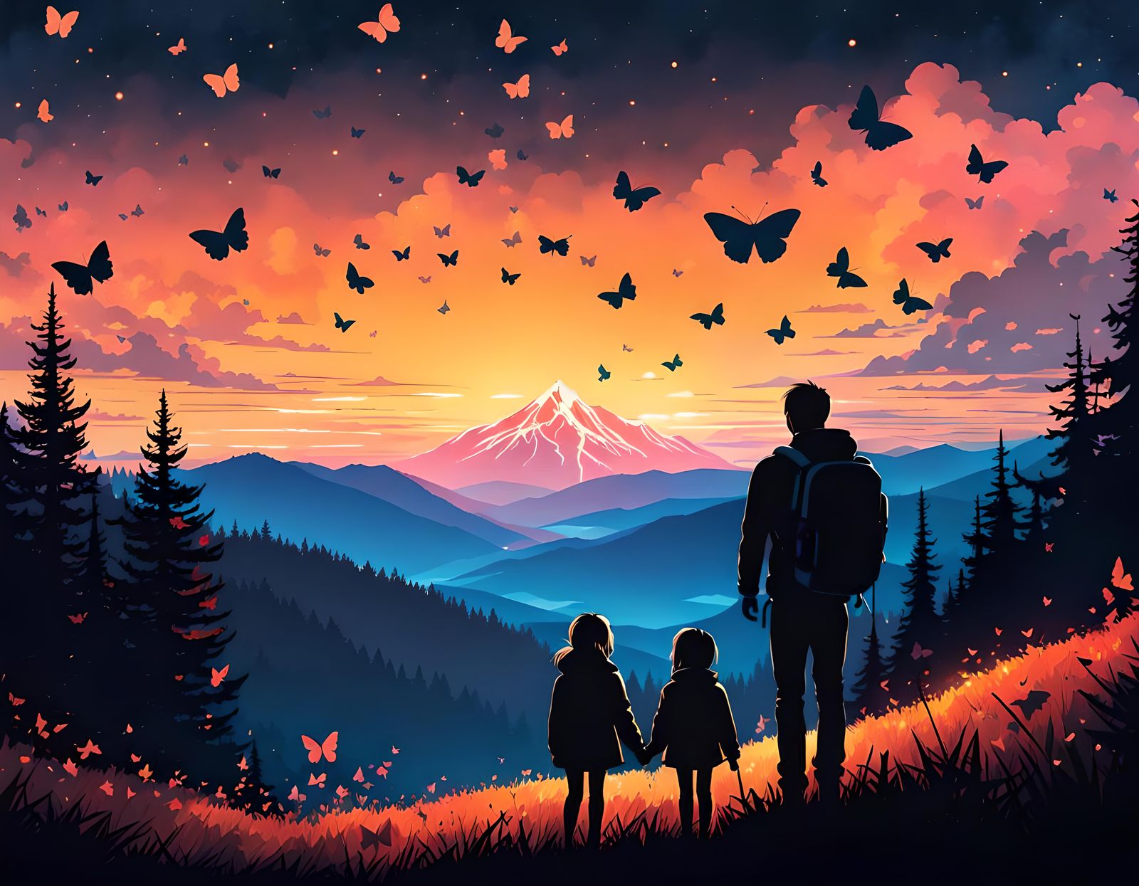 Father and Daughter in Mountain Landscape, Vector Art