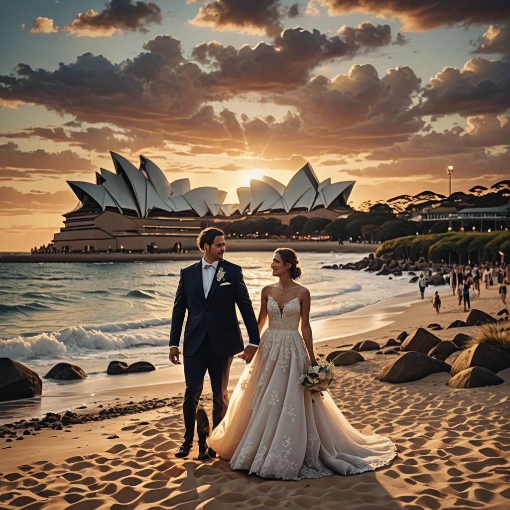Beach Wedding at Sunset with Sydney Opera House