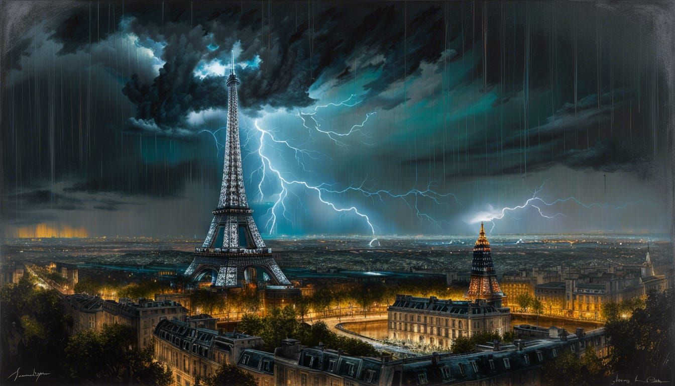 Eiffel Tower Under Lightning Storm, Watercolor Art