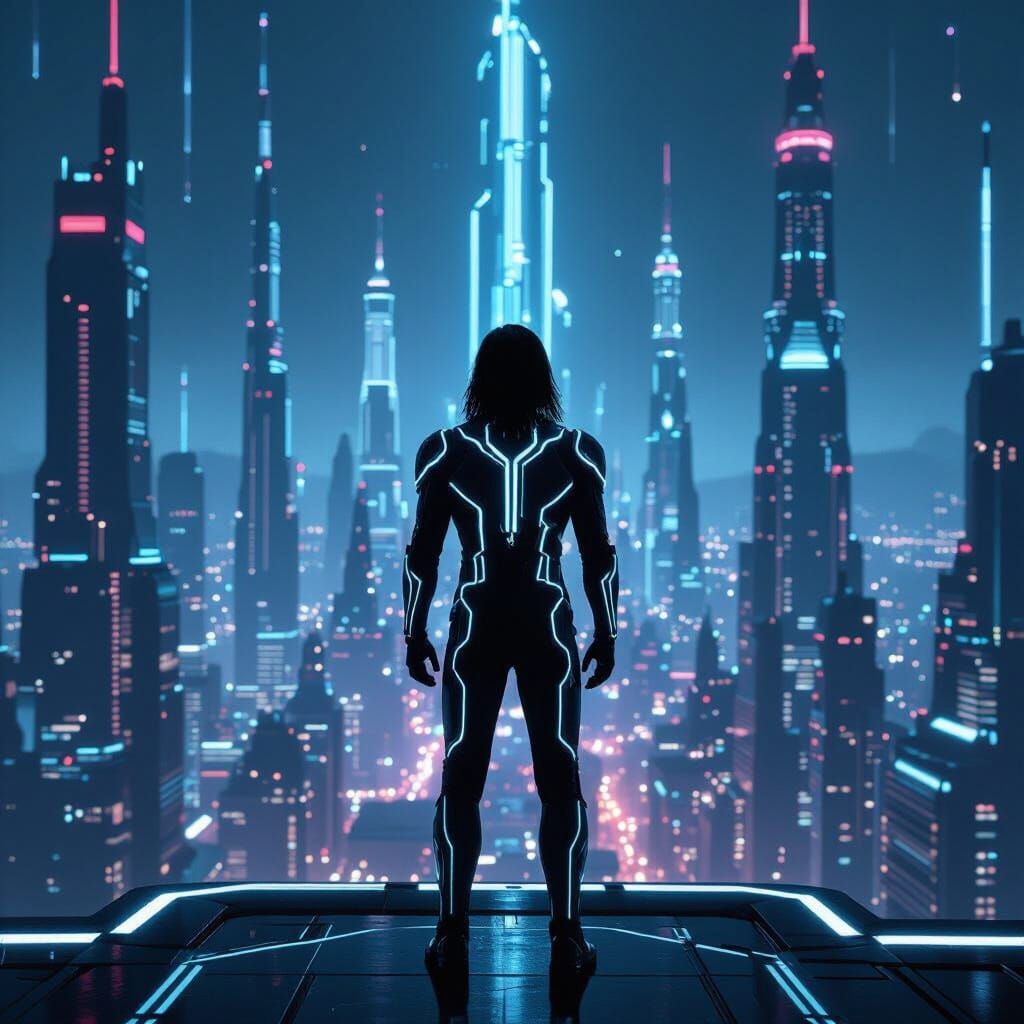 Futuristic Figure Overlooking Neon Tron Cityscape