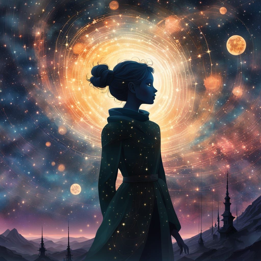 Ethereal Tinkerbell Silhouette in a Star-Studded Galaxy