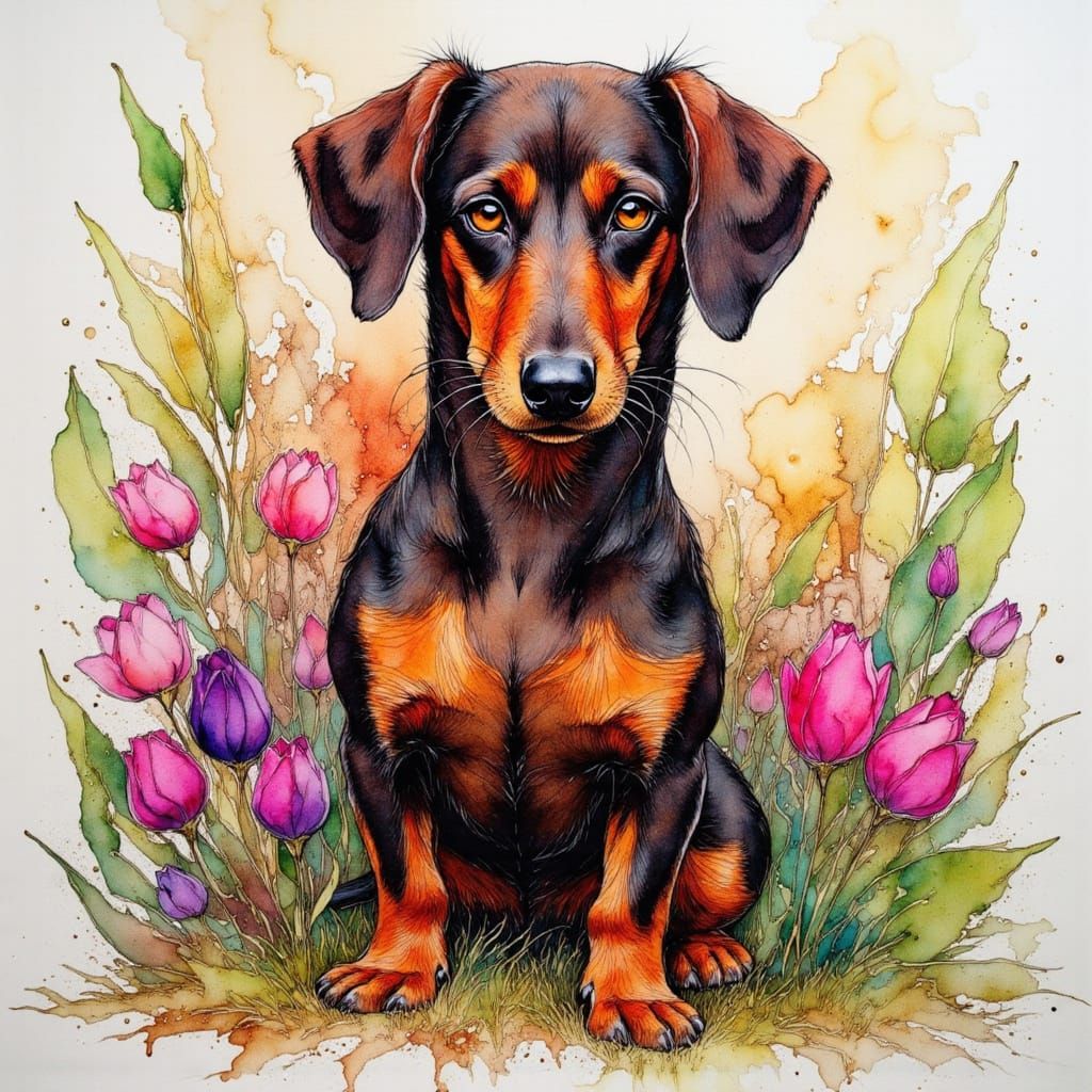 Rusty Dachshund in Spring Garden, Impressionist Style