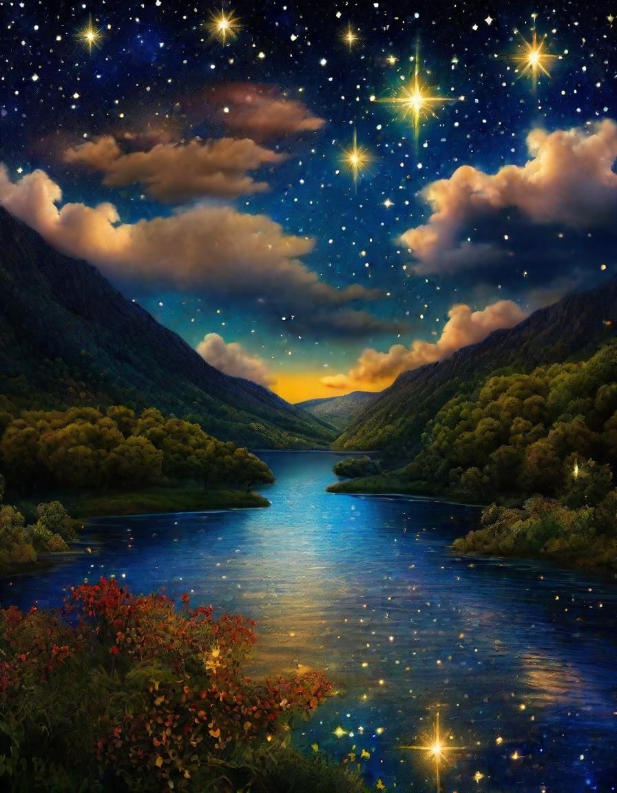 Surreal Starry Night Over River Valley