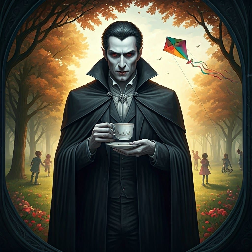 Vampire in Velvet Cloak Sips Coffee Amidst Joyful Park Scene