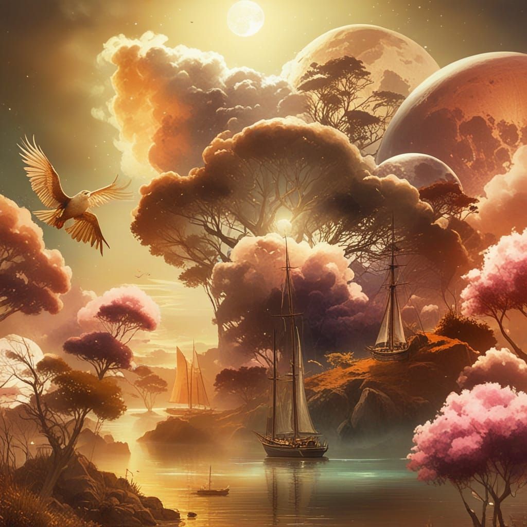 Whimsical Dreamscapes under a Vibrant Full Moon