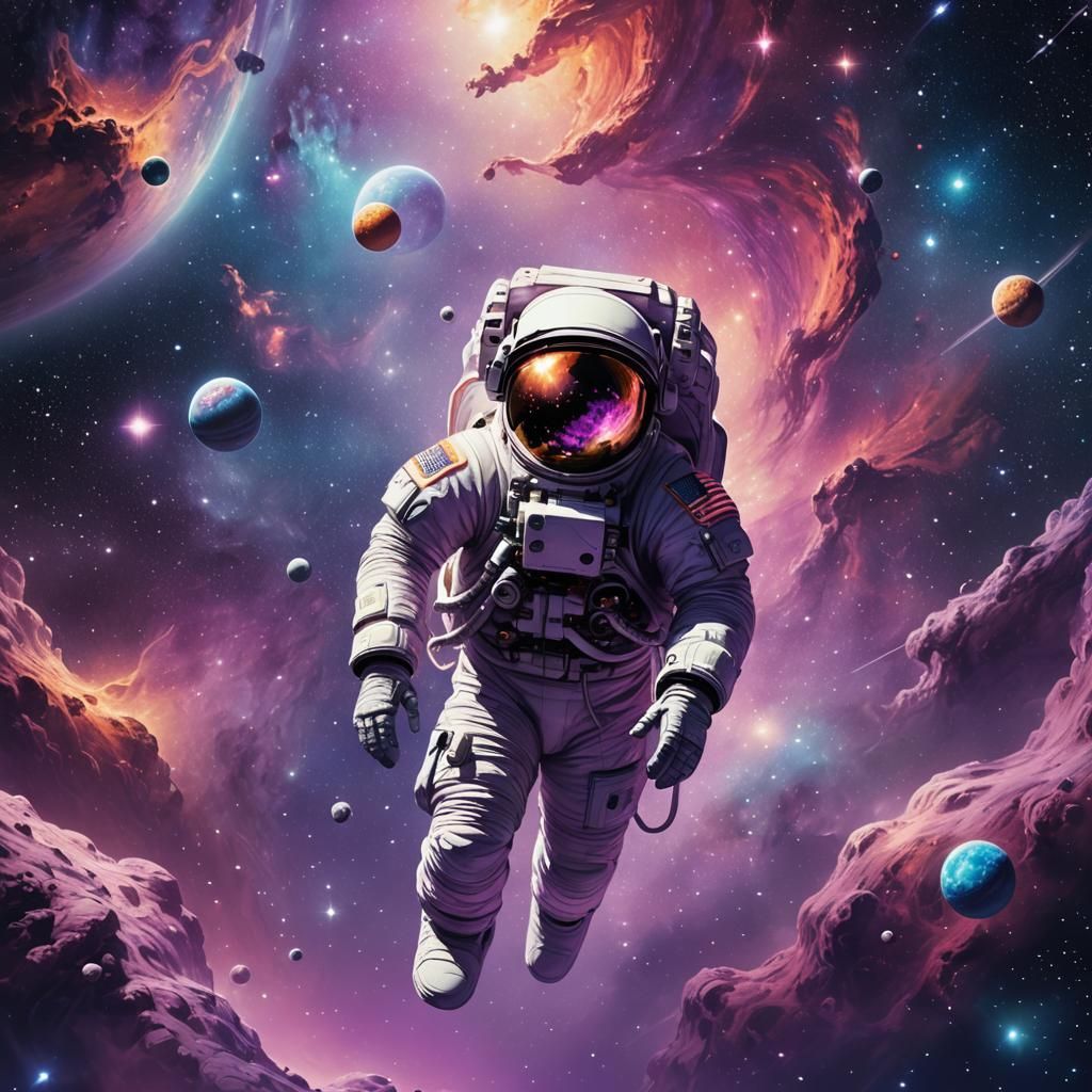 Astronaut Drifting in Cosmic Psychedelic Dreamscape