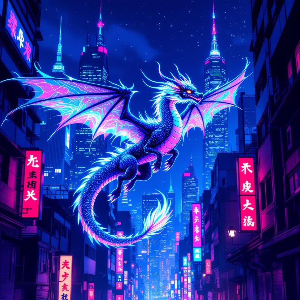 Bioluminescent Dragon Soaring Through Cyberpunk City