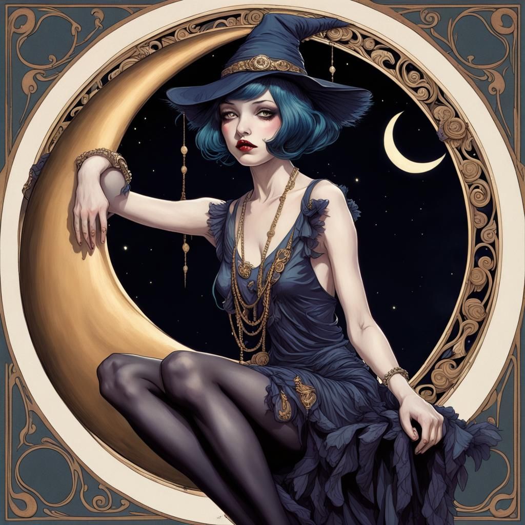 Flapper Witch on Crescent Moon Surreal Portrait