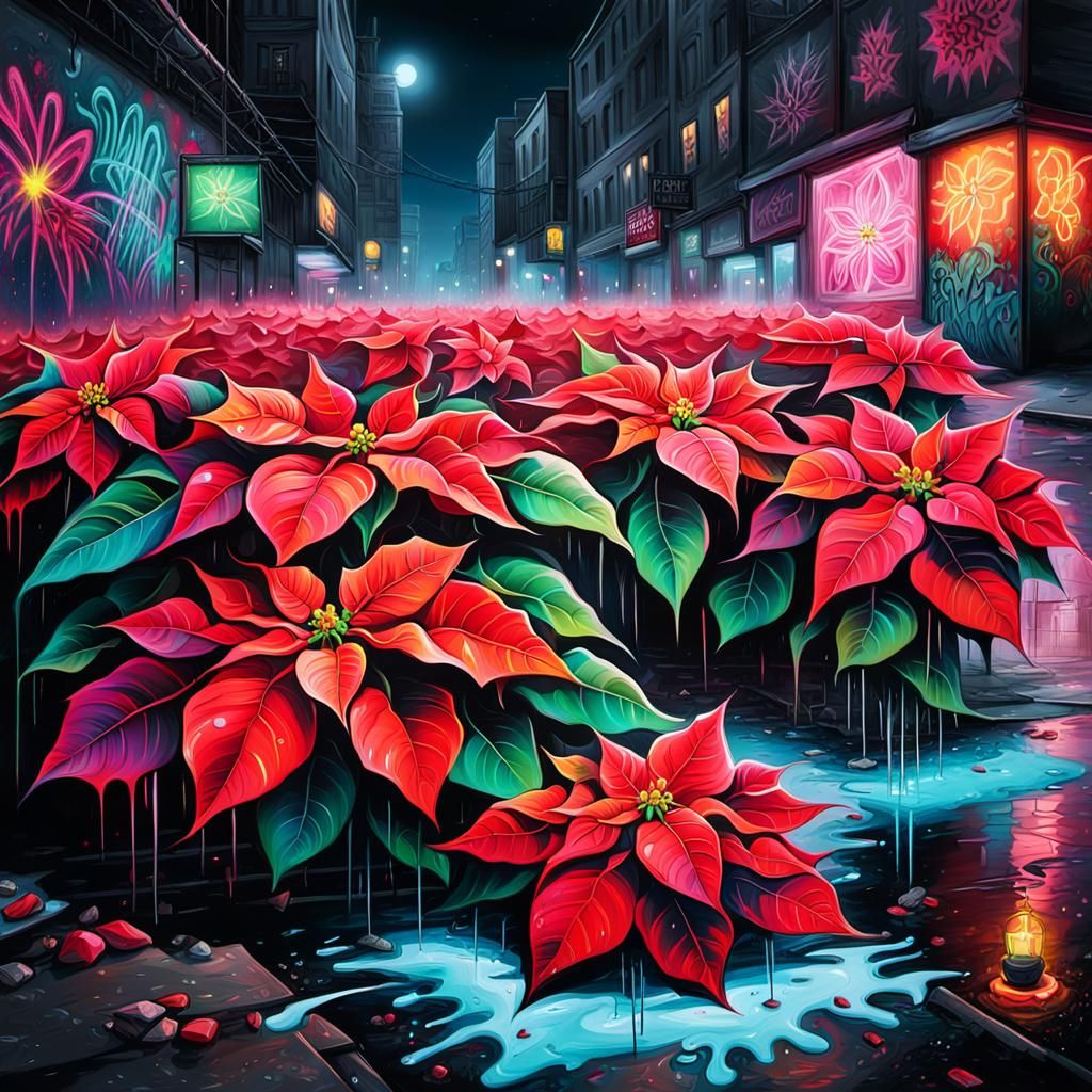 Urban Fantasy Poinsettia in Neon Cityscape