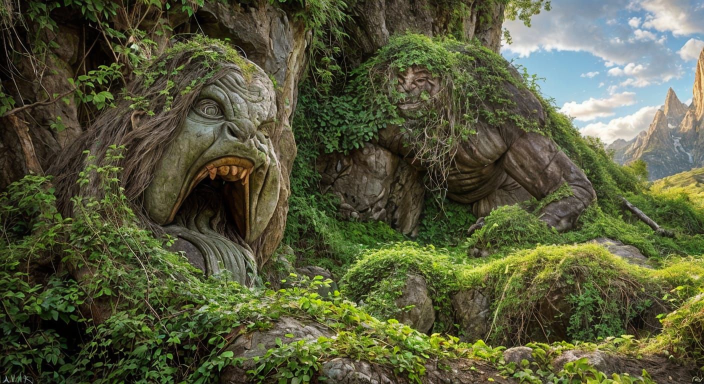 Sun-Struck Troll Statue Covered in Vines