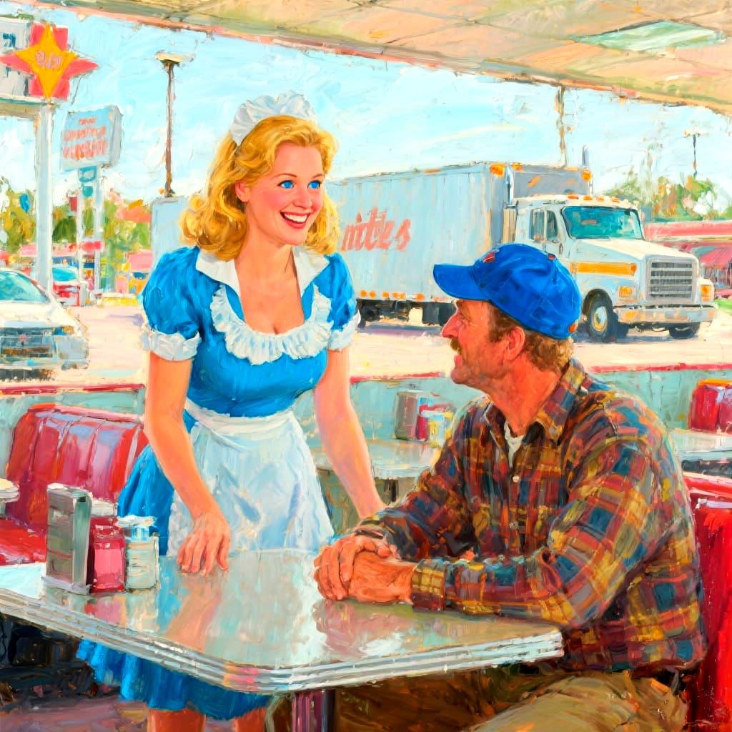 Impressionistic Diner Scene with Blond Waitress