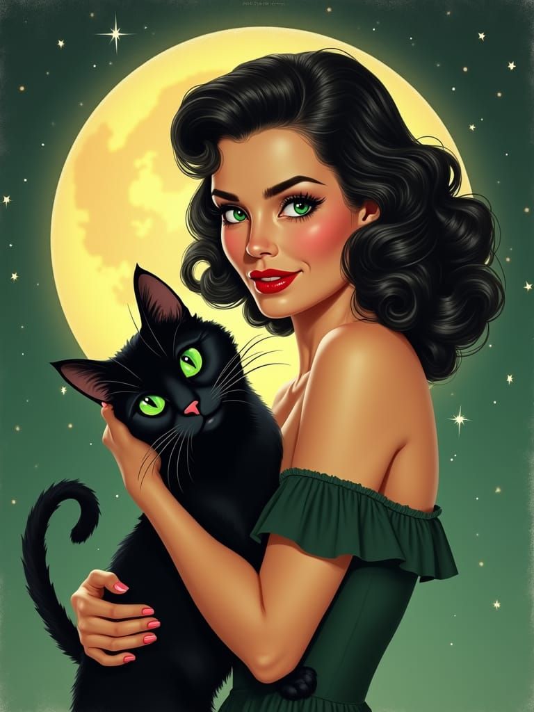 1950s Glamour Woman with Cat in Retro Illustration