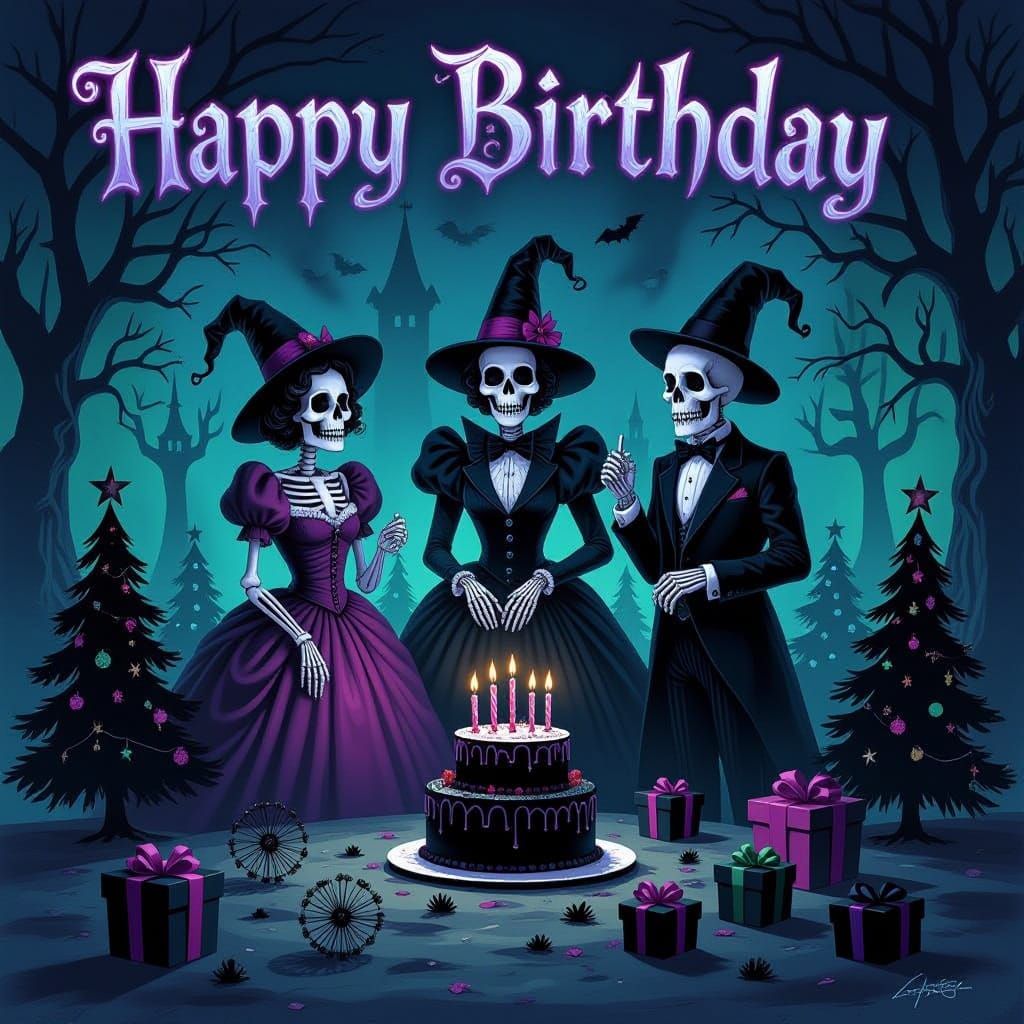 Spooky Birthday Party with Skeletal Figures in Burtonesque S...