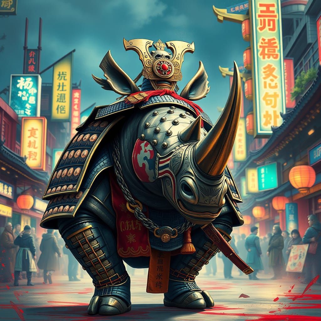 Armored Rhino Samurai in Japanese City, Splash Art