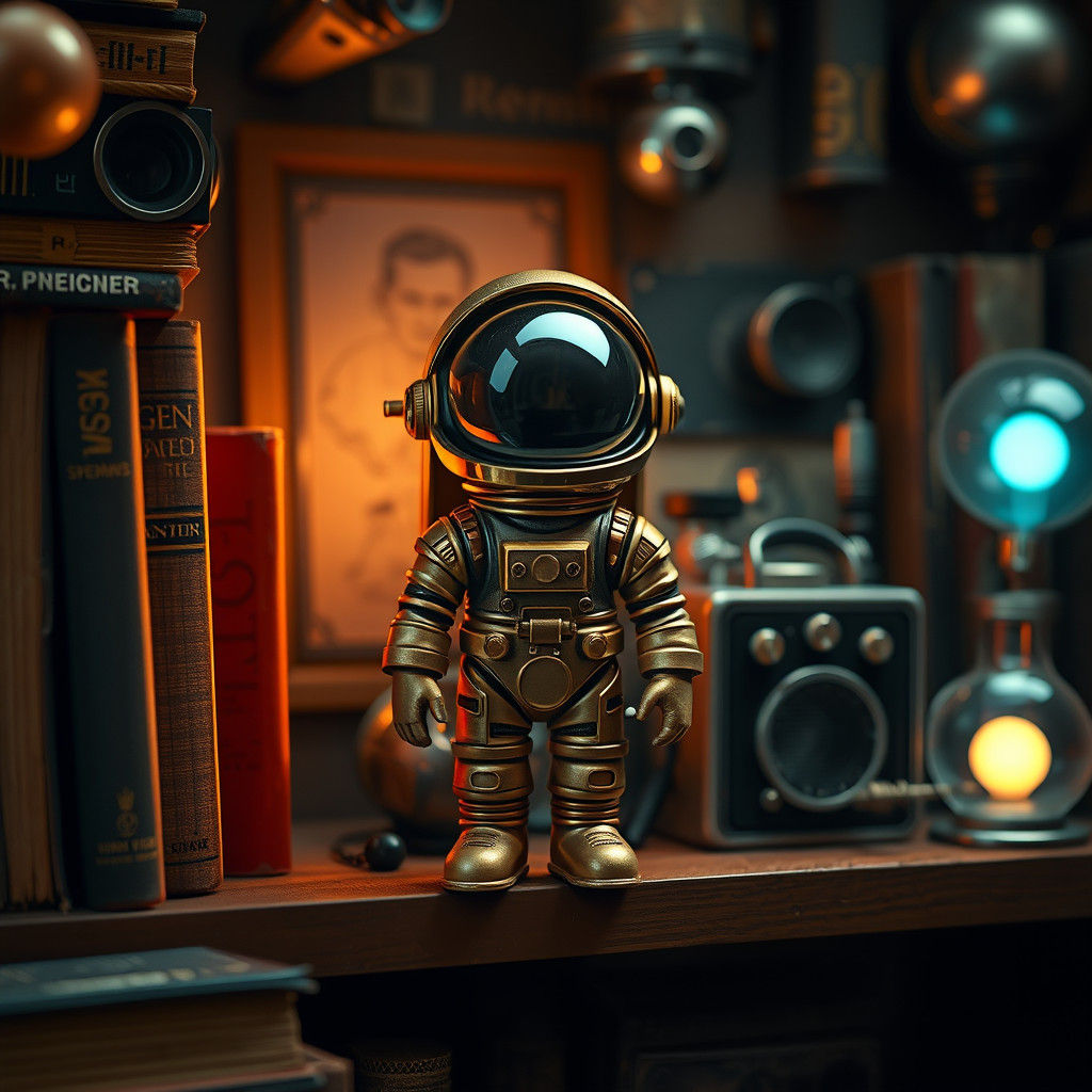 Astronaut Figurine on Shelf with Sci-Fi Decor