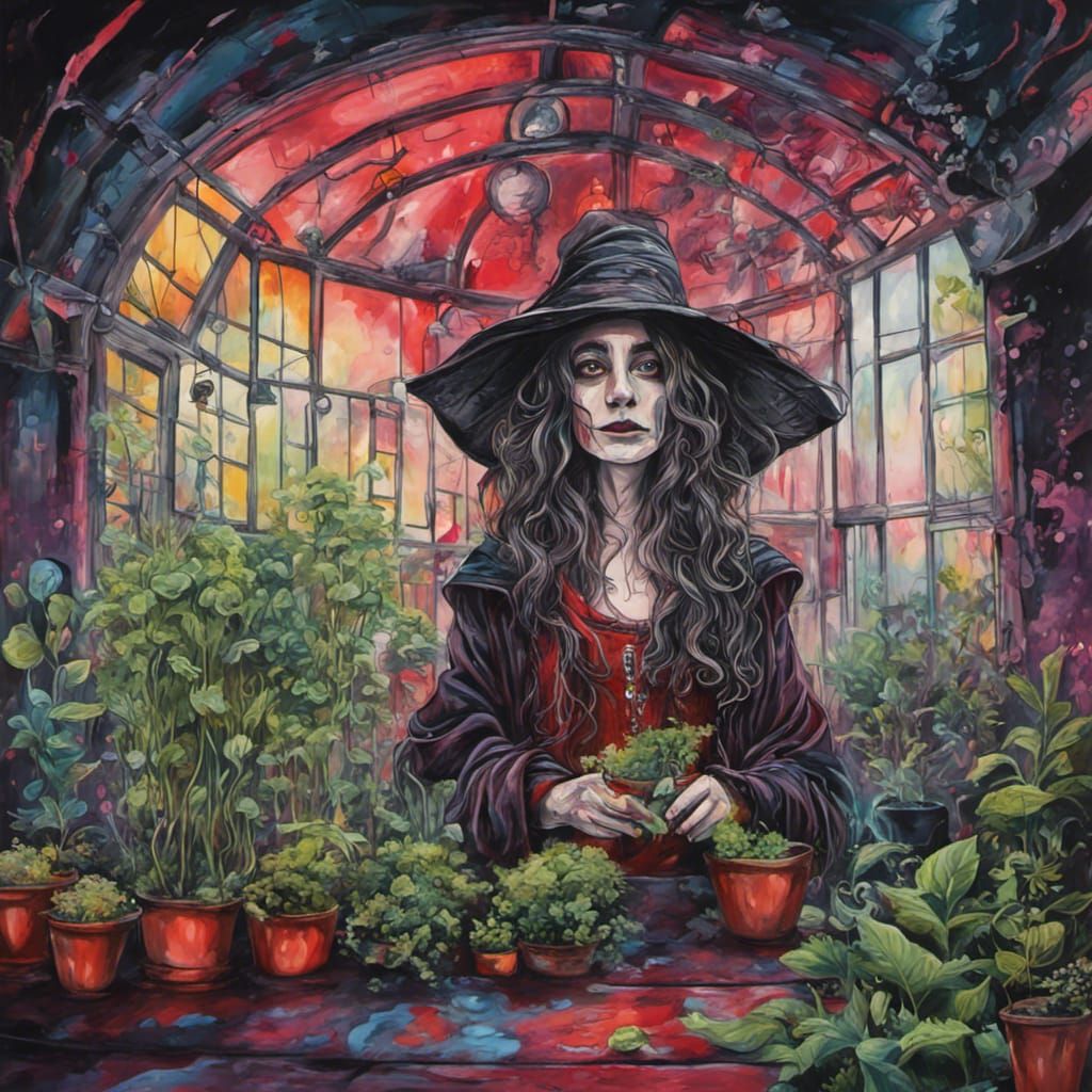 Whimsical Greenhouse Witch in Tim Burton Style