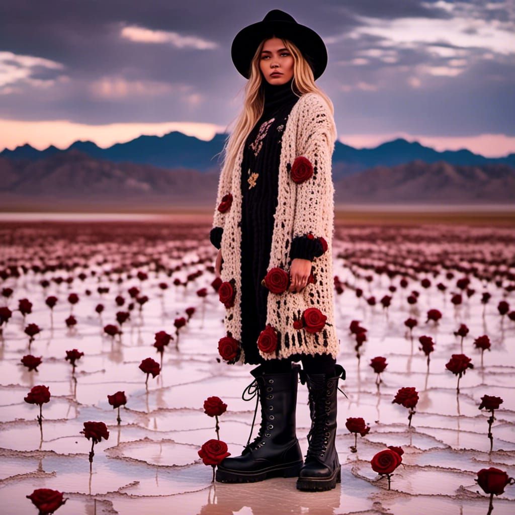Woman on Salt Lake at Sunset in Hyperreal Style