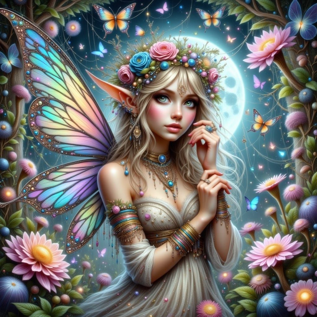 Whimsical Fairy with Butterfly Wings in Moonlit Forest