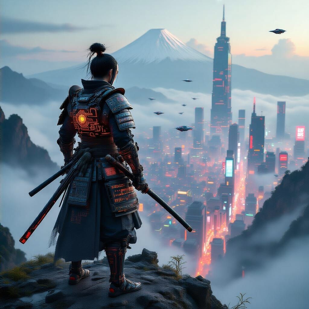 Samurai Warrior Over Cyberpunk City in Anime Style