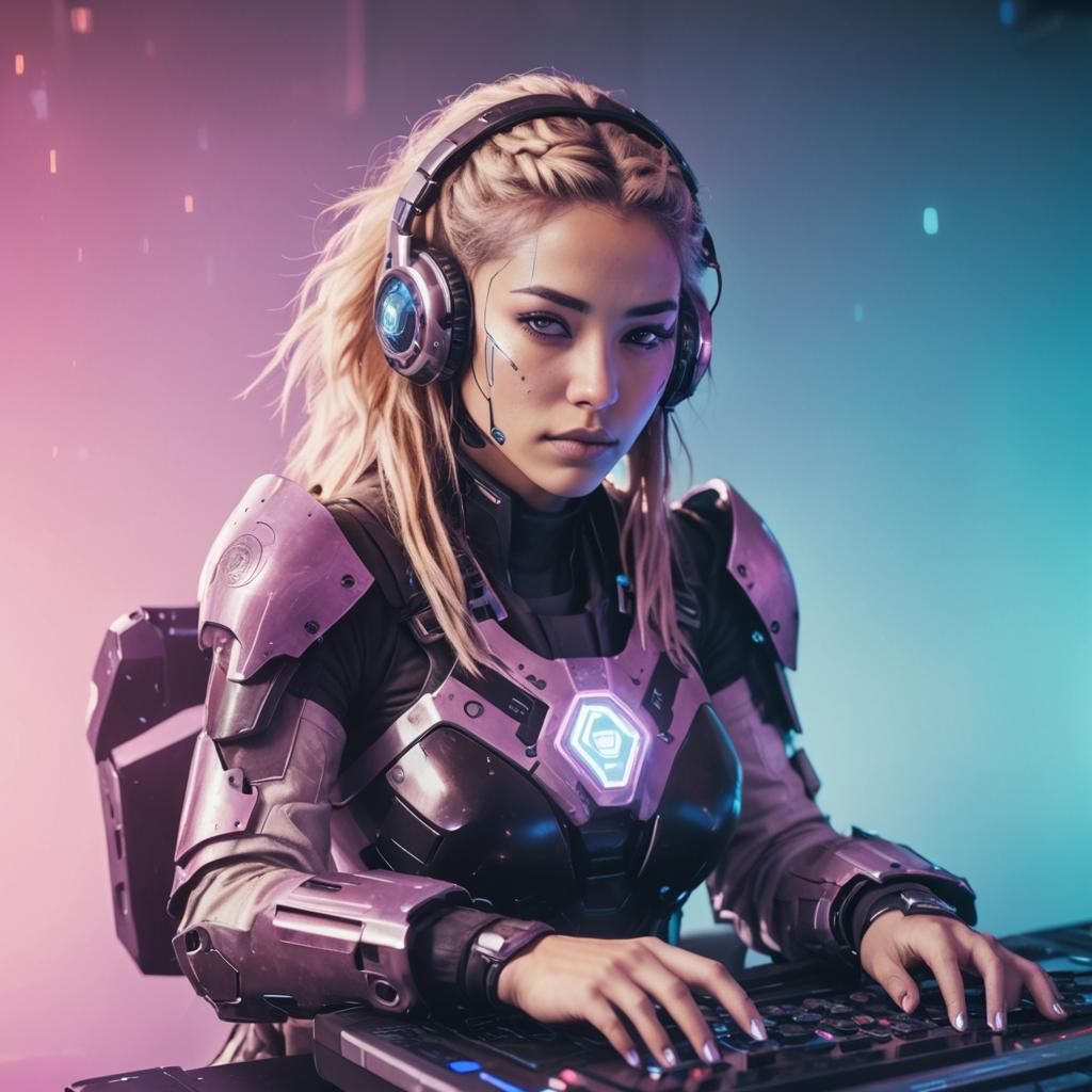 Cyberpunk Girl in Neon-Lit Gaming Setup