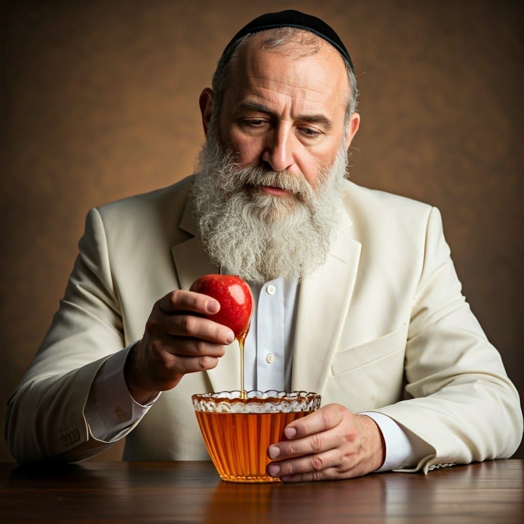 Ultra-Orthodox Jew Dipping Apple in Honey