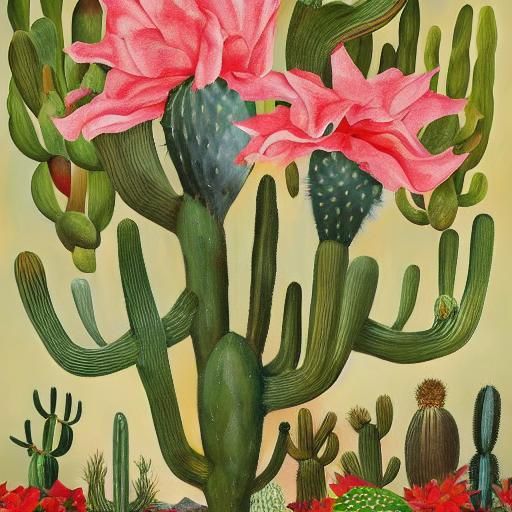 16k resolution, art by Georgia O'Keeffe, Frida Kahlo, nature-inspired Christmas tree, floral decorations, desert theme, ...