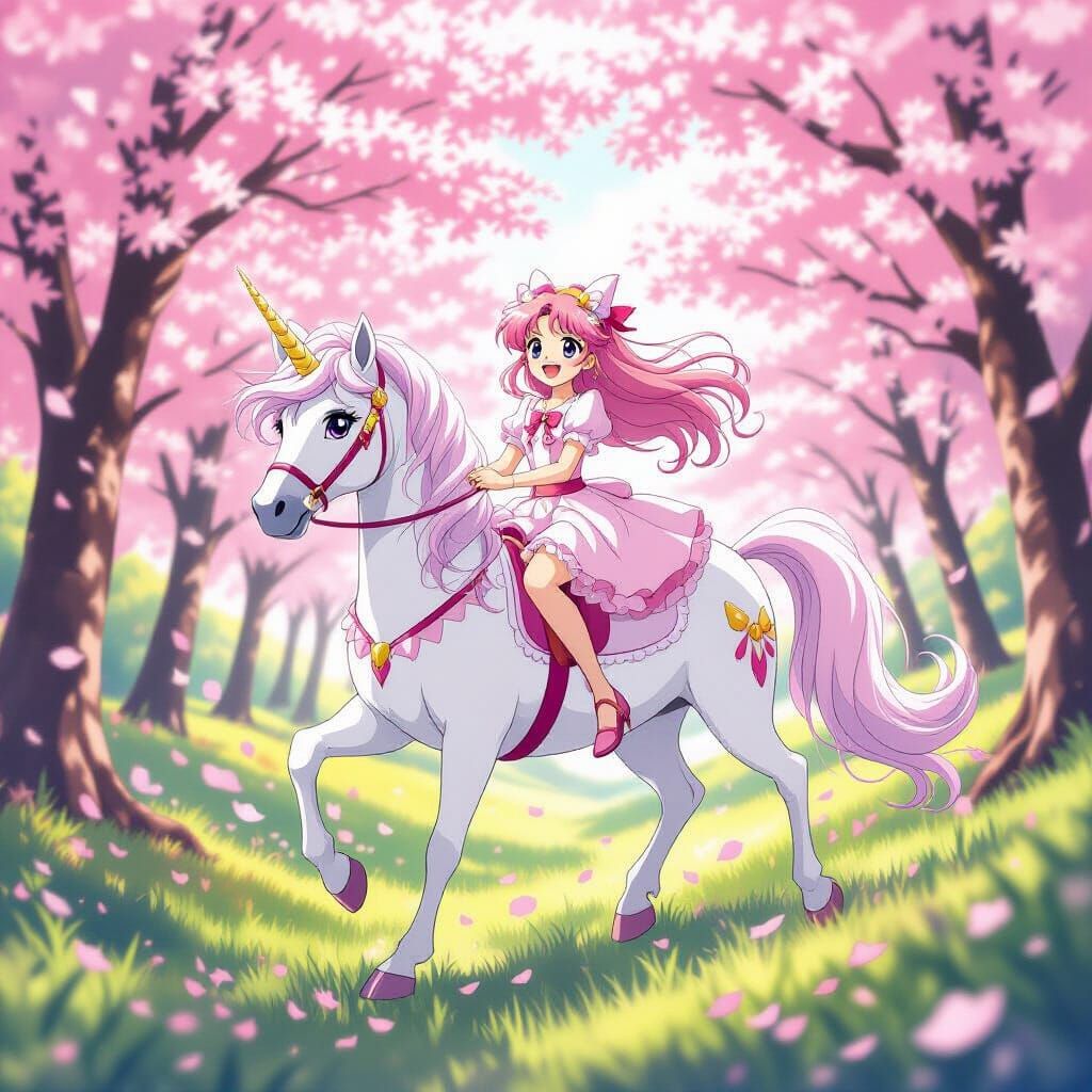Sakura Riding a Pink Unicorn in Cherry Blossom Forest