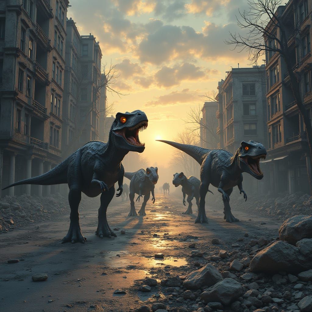 Allosaurus Chase Through Ruined City Street in Dark, High-Co...