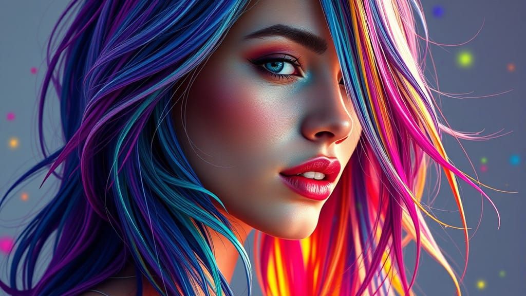 Dazzling Women in Vibrant Rainbow Hair, Hyperdetailed Art
