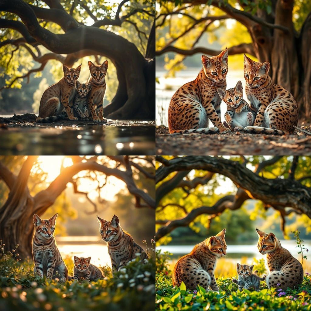 Wild Caracal Family in Serene Riverbank Scene
