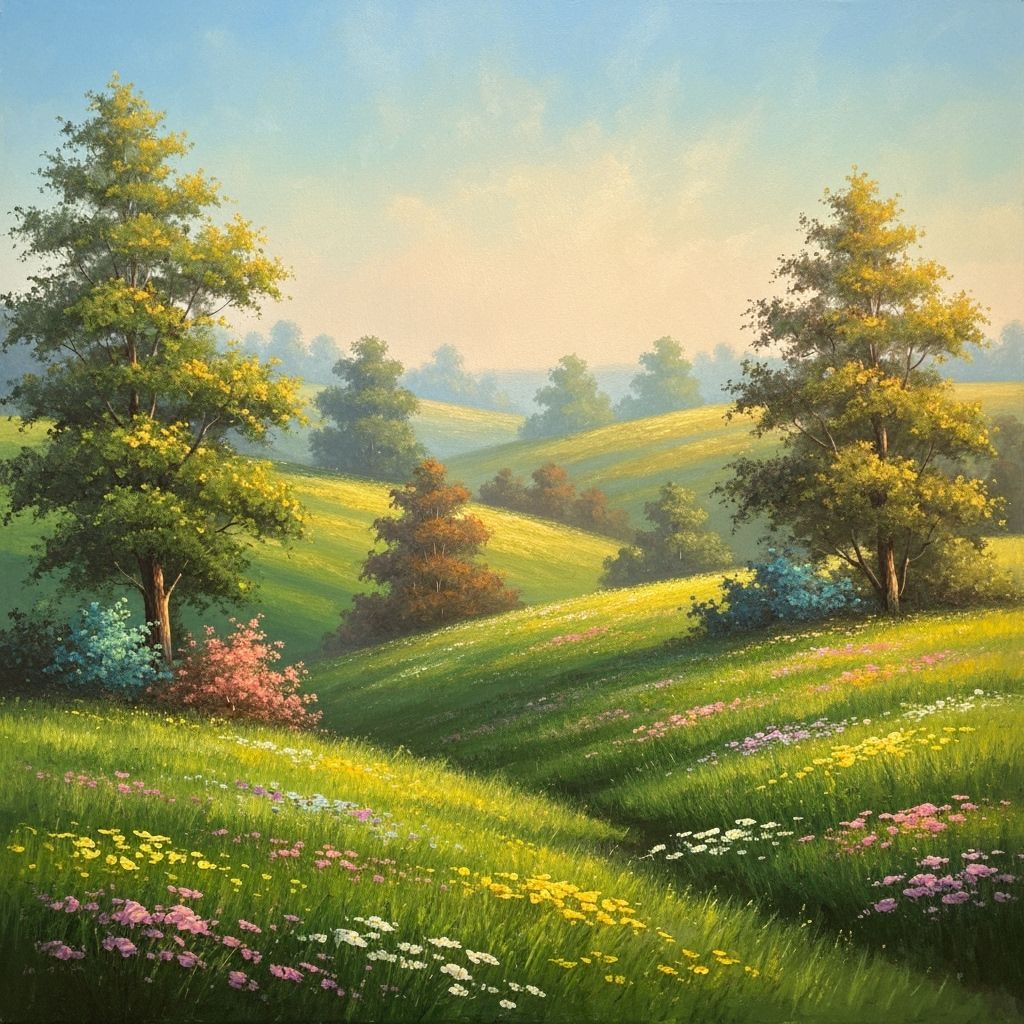 Impressionistic Landscape Painting of Rolling Hills and Wild...