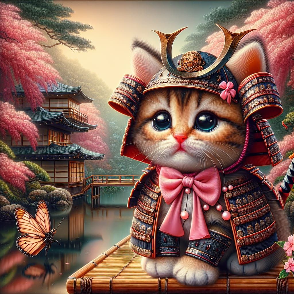 Kitten Samurai in Japanese Garden: Digital Oil Painting