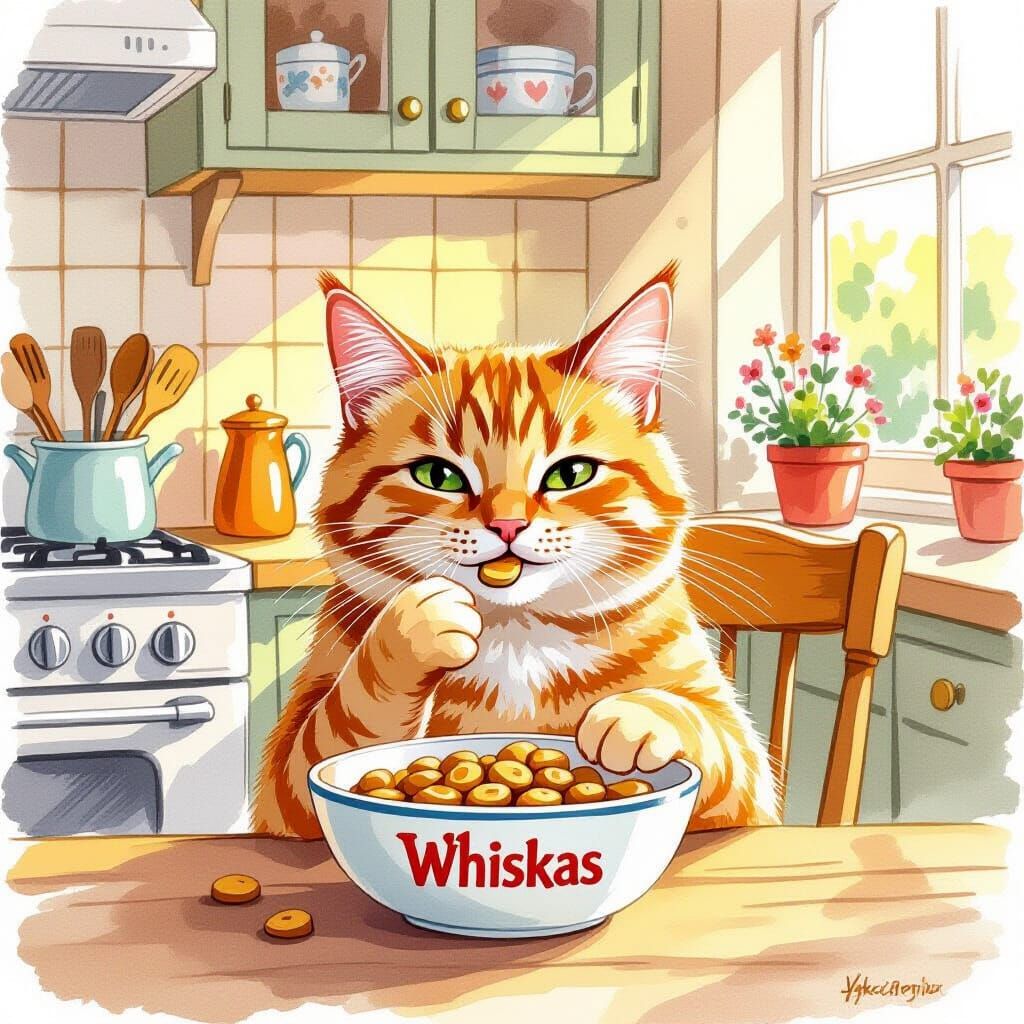 Ginger Cat Eats Whiskas in Cozy Kitchen
