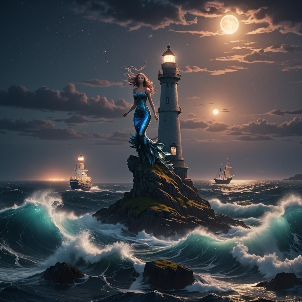 Bioluminescent Mermaid Watching Ship Near Lighthouse