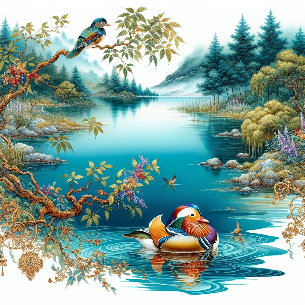 Vibrant Mandarin Duck in Serene Watercolor Landscape