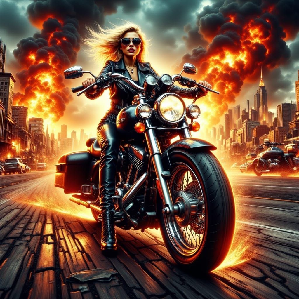 Fiery Female Rebel Dominates a Burning Cityscape in a Grindh...