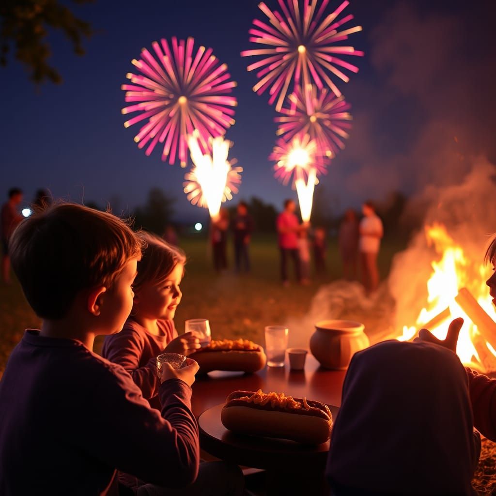 Bonfire Night: Children Enjoying Fireworks and Hotdogs