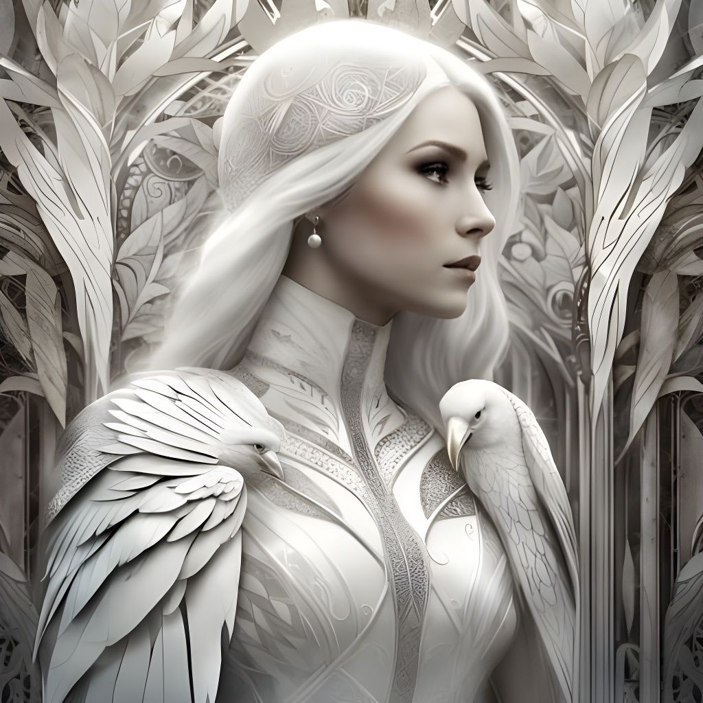 Intricate White Raven Portrait with Silver Outline