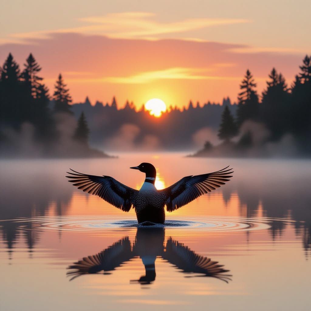 Loon Spreads Wings at Sunrise Over Calm Water